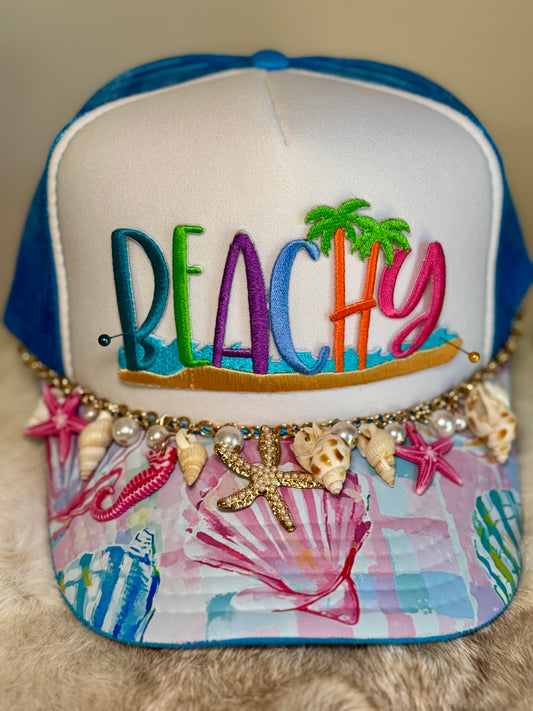Beachy Trucker Hat, Coastal Beach Hat, Summer Vacation Hat, Palm Tree Hat, Ocean Lover Hat, Coastal Cowgirl Hat, Cute Boutique Trucker Hat