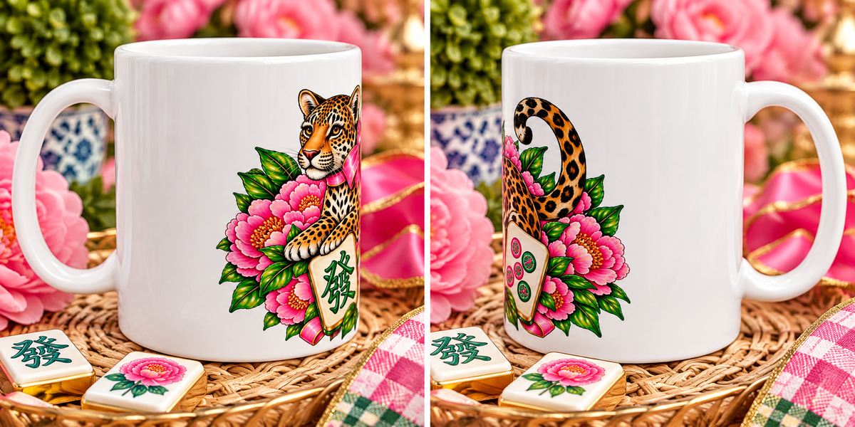 Pink Bow Leopard Mahjong Coffee Mug | Floral Mahjong Gift | 11oz