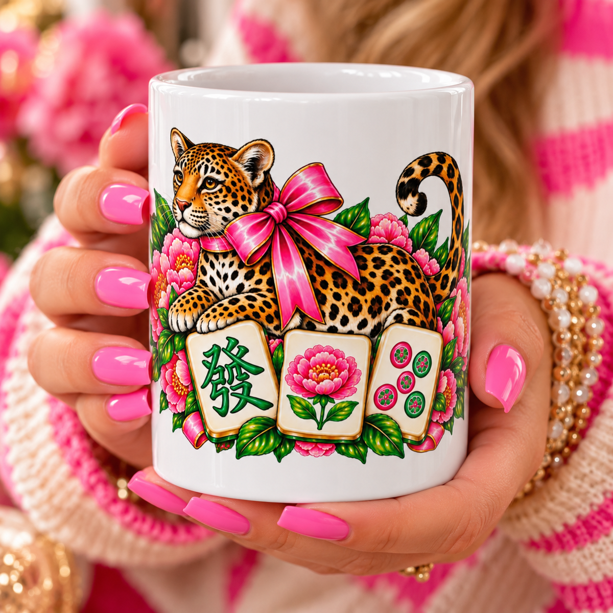 Pink Bow Leopard Mahjong Coffee Mug | Floral Mahjong Gift | 11oz