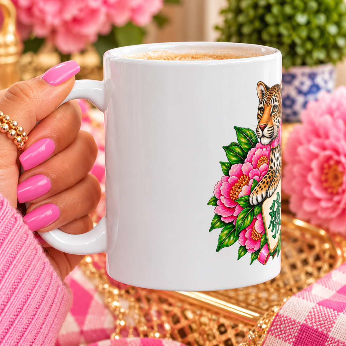 Pink Bow Leopard Mahjong Coffee Mug | Floral Mahjong Gift | 11oz