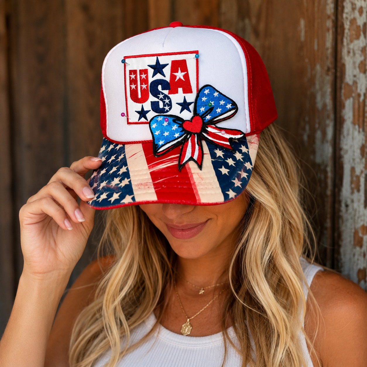 USA Patriotic Boutique Trucker Hat | Americana Bow Hat | Red White & Blue Fourth of July Snapback | Custom USA Hat
