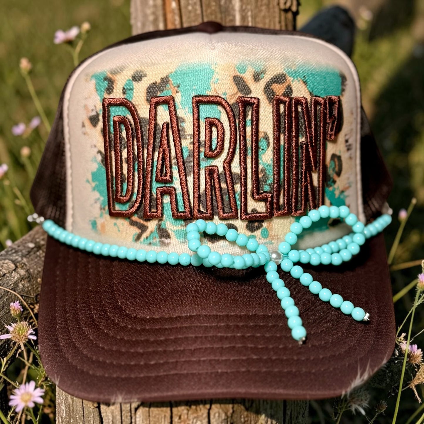 Darlin’ Western Trucker Hat | Turquoise Beaded Bow Cowgirl Hat | Handmade Boutique Hat