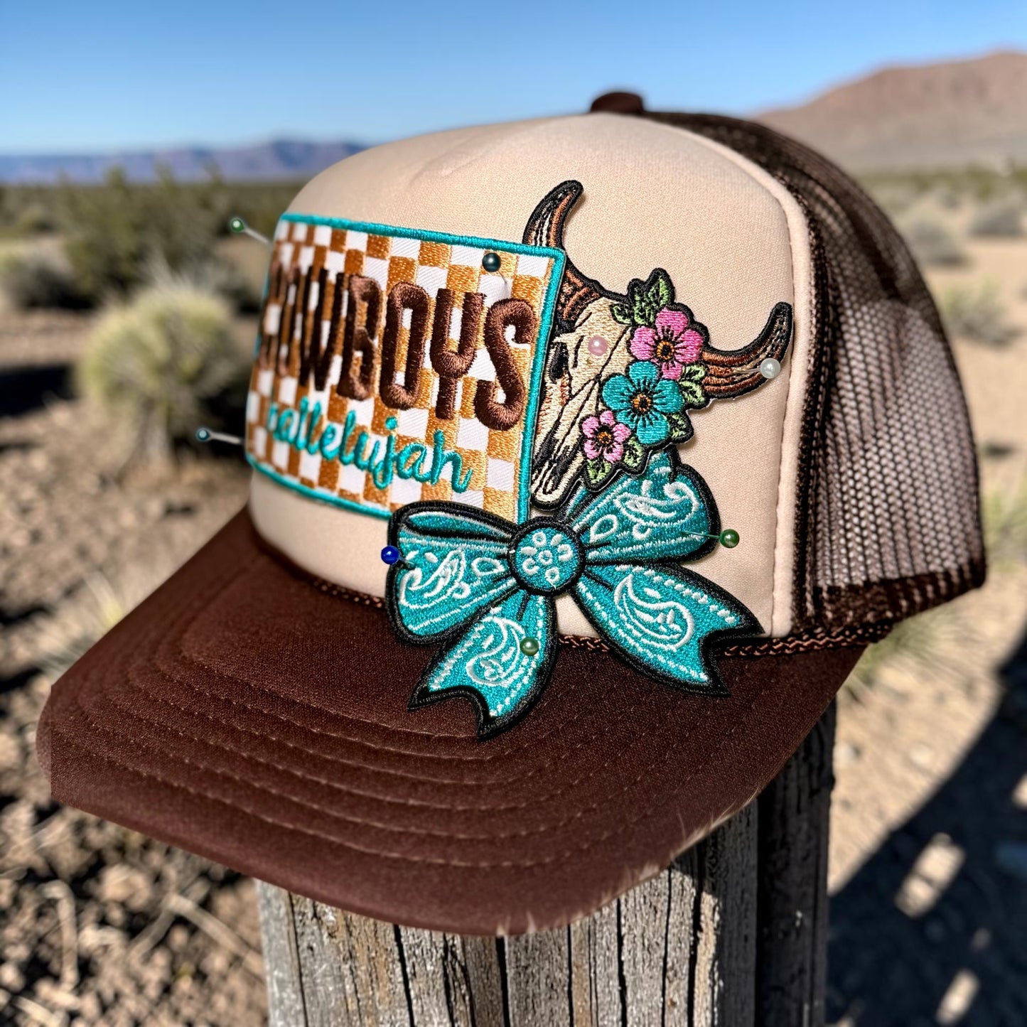 Cowboys Hallelujah Western Trucker Hat | Turquoise Bow & Floral Cow Skull Patch Hat