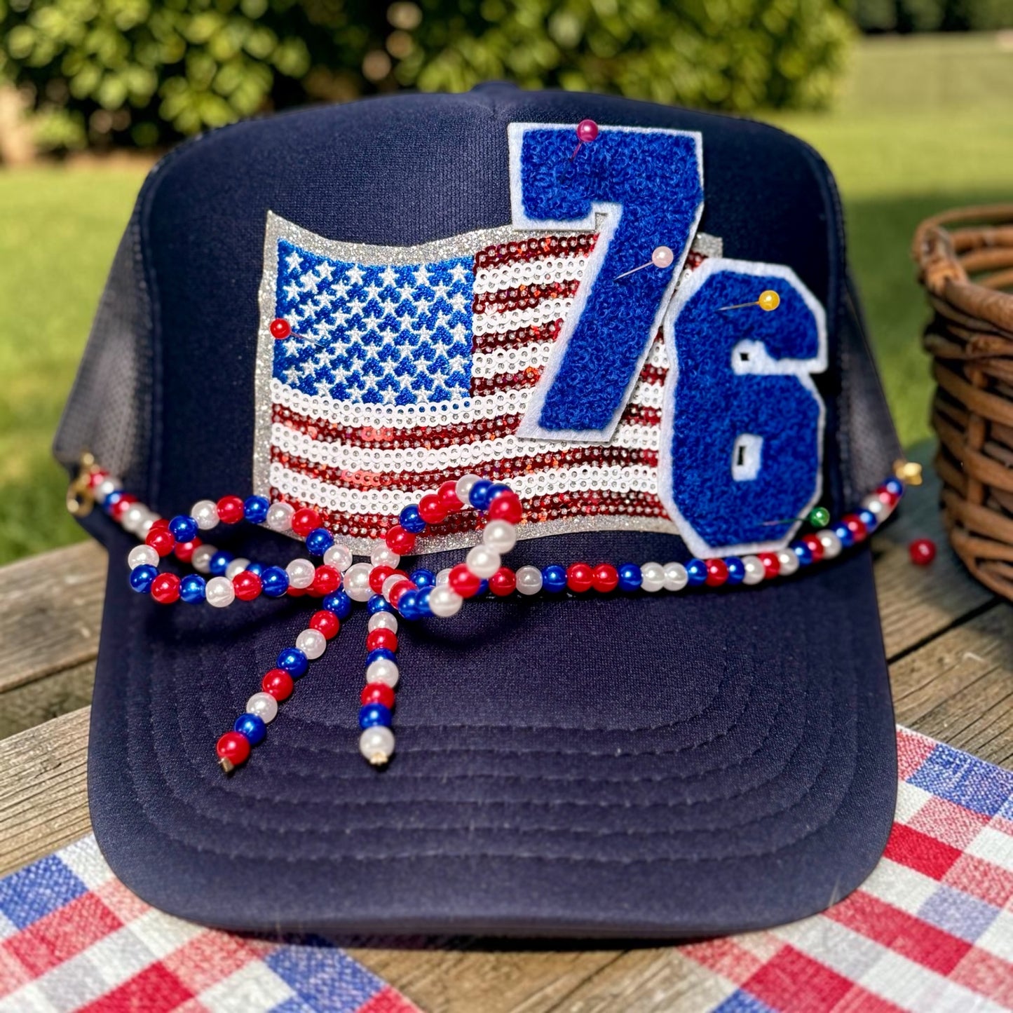 Patriotic 76 Trucker Hat | Americana USA Flag Hat | Red White & Blue Beaded Bow Hat