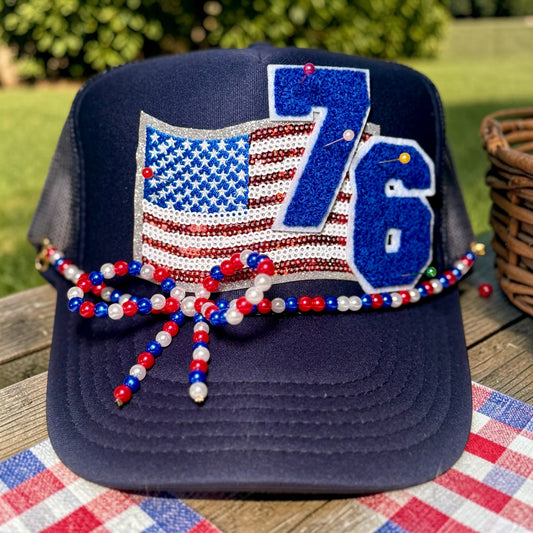 Patriotic 76 Trucker Hat | Americana USA Flag Hat | Red White & Blue Beaded Bow Hat