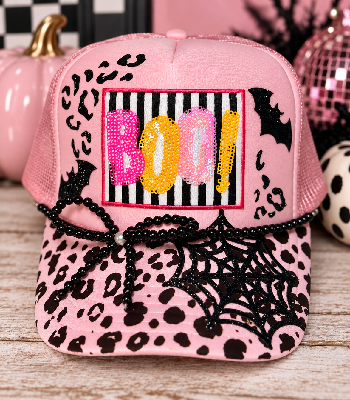 Pink Boo Halloween Trucker Hat | Sequin Boo Hat | Pink Leopard Halloween Hat | Spooky Season Trucker Hat