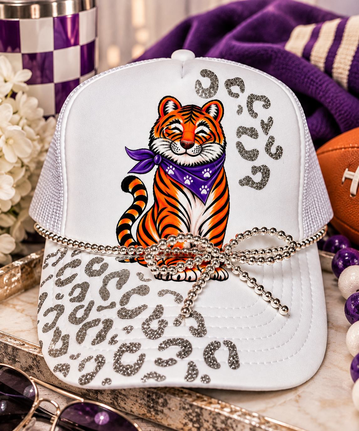 Tiger Trucker Hat | Purple Orange Tiger Hat | Silver Leopard Trucker Hat | Game Day Tiger Hat