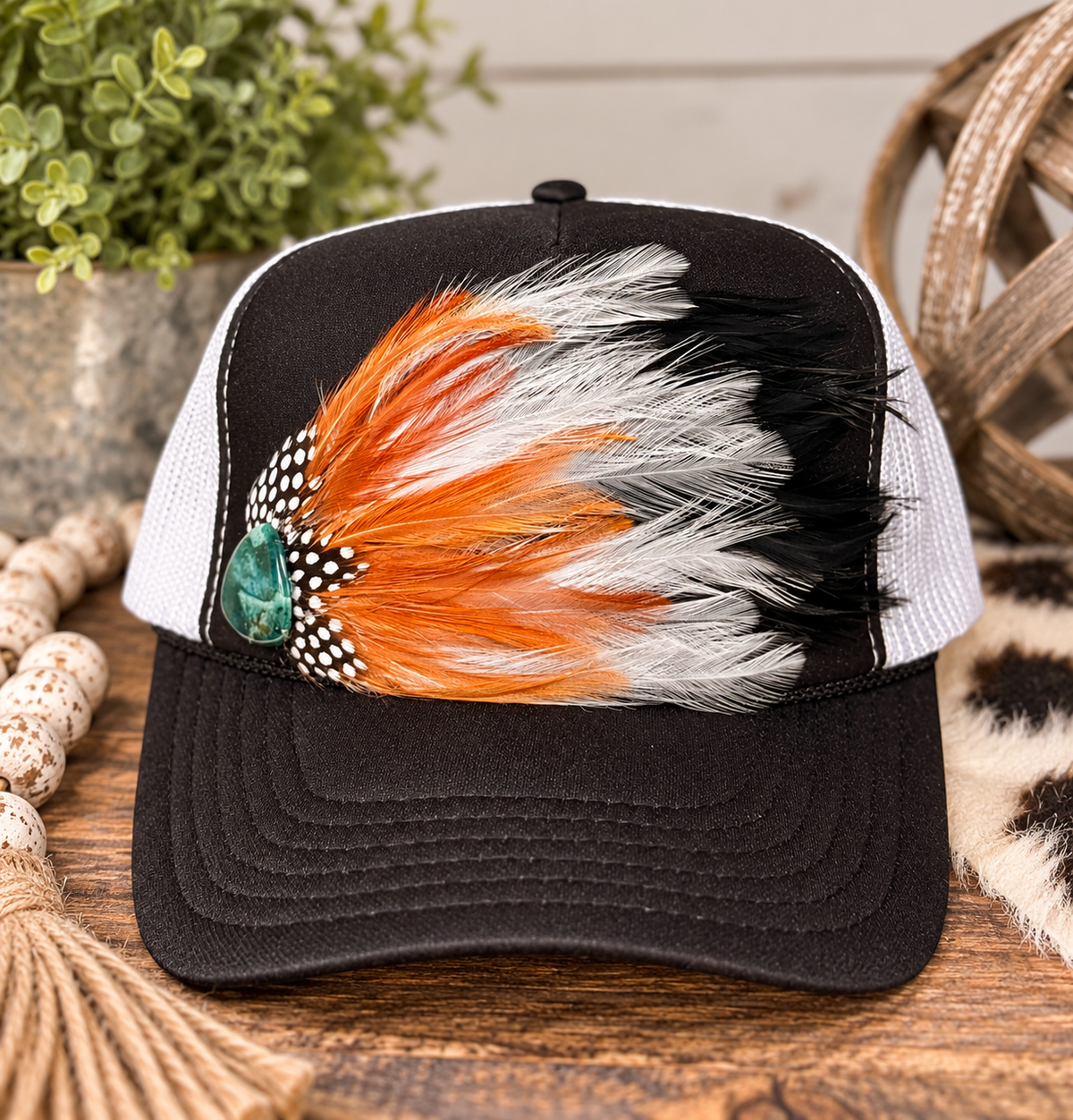 Feather Trucker Hat with Guitar Pick | Country Music Trucker Hat | Western Boho Hat | Concert Trucker Hat