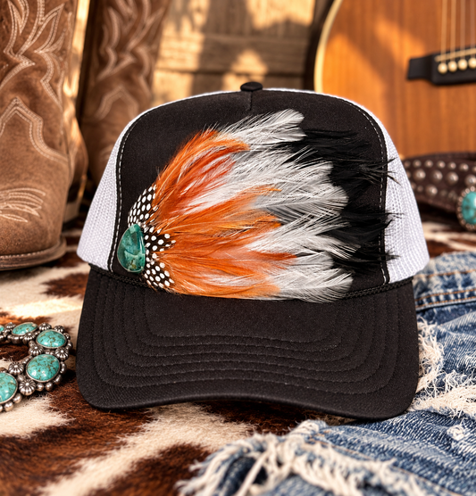 Feather Trucker Hat with Guitar Pick | Country Music Trucker Hat | Western Boho Hat | Concert Trucker Hat