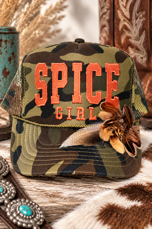 Spice Girl Fall Trucker Hat | Camo Feather Hat with Guitar Pick | Autumn Country Trucker Hat | Western Fall Hat