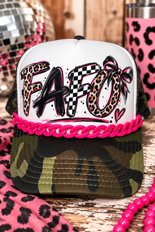 FAFO Trucker Hat | Camo Leopard Trucker Hat | Hot Pink Chain Hat | Sassy Trucker Hat for Women