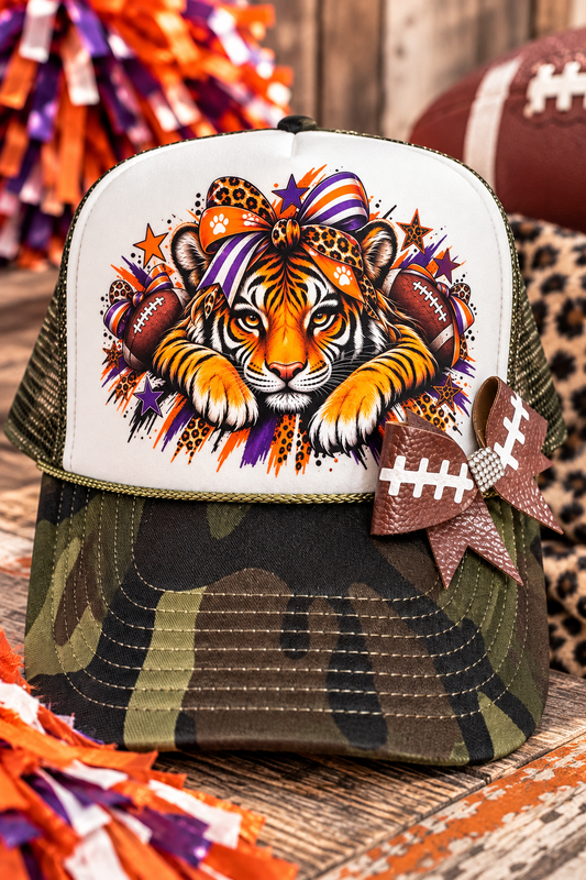 Purple Orange Tiger Football Trucker Hat | Camo Game Day Hat | Tiger Football Hat | Football Bow Trucker