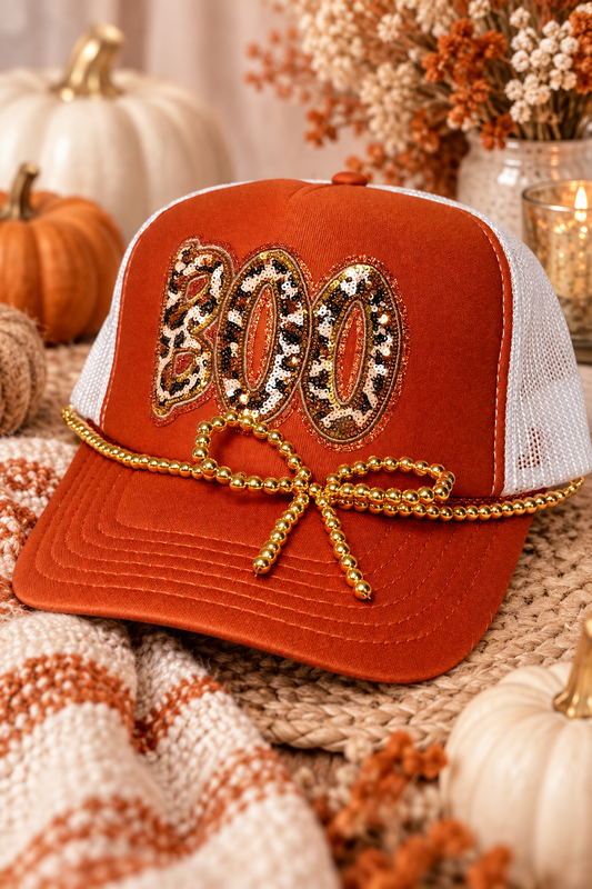 Boo Trucker Hat | Sequin Leopard Halloween Hat | Orange Halloween Trucker Hat | Spooky Season Hat
