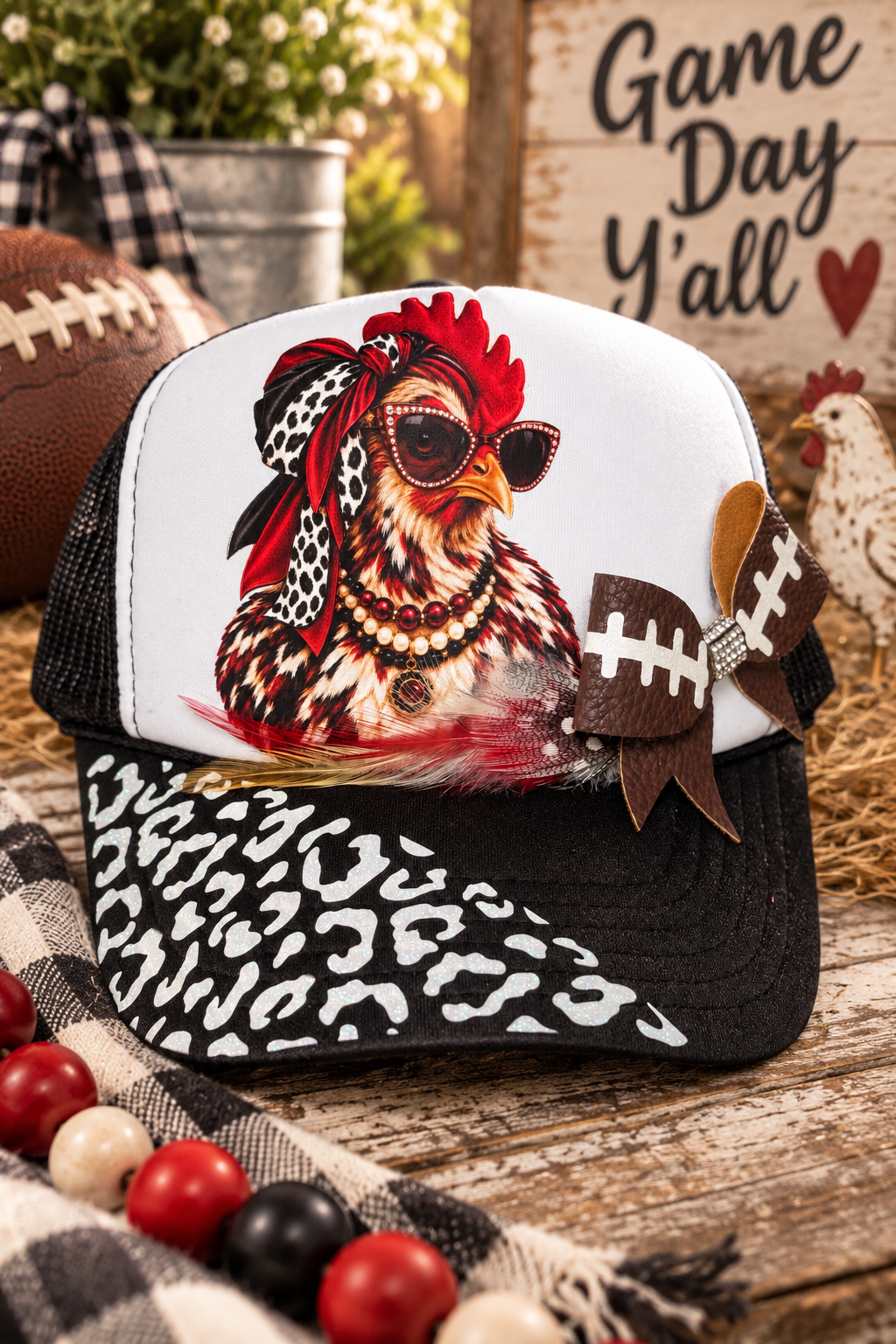 Game Day Cluckin’ Cute Trucker Hat – Football Bow & Sassy Chicken