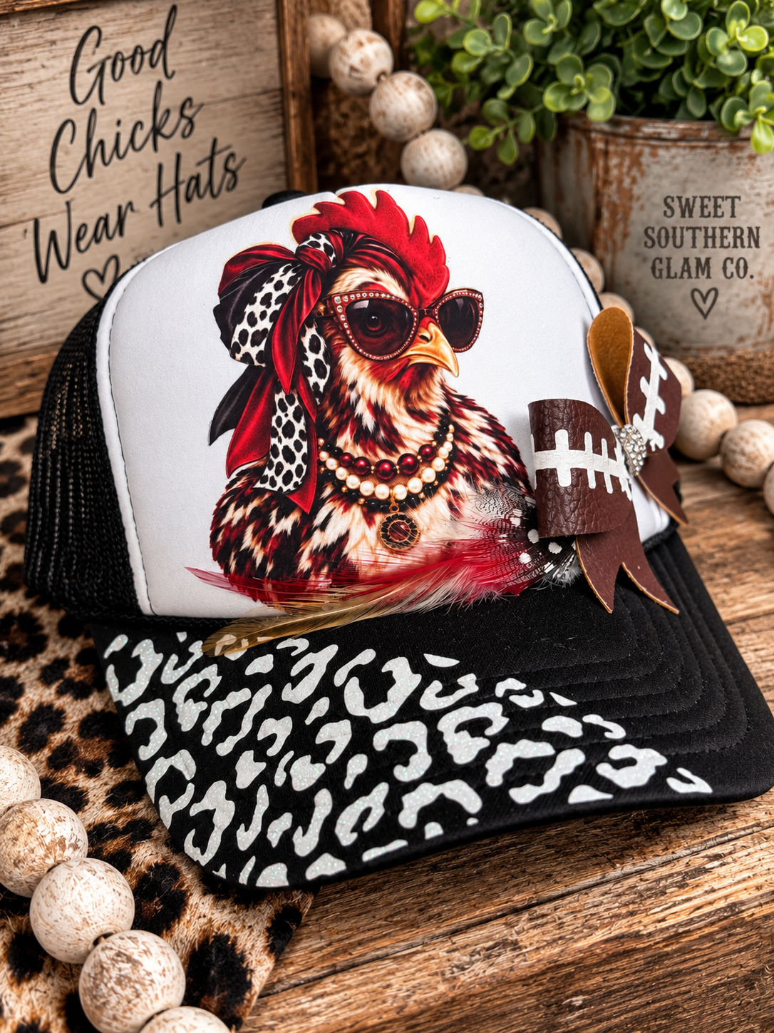 Game Day Cluckin’ Cute Trucker Hat – Football Bow & Sassy Chicken
