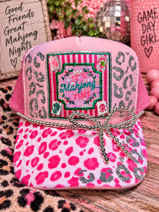 Mahjong Queen Pink Leopard Trucker Hat | Sparkly Mahjong Hat