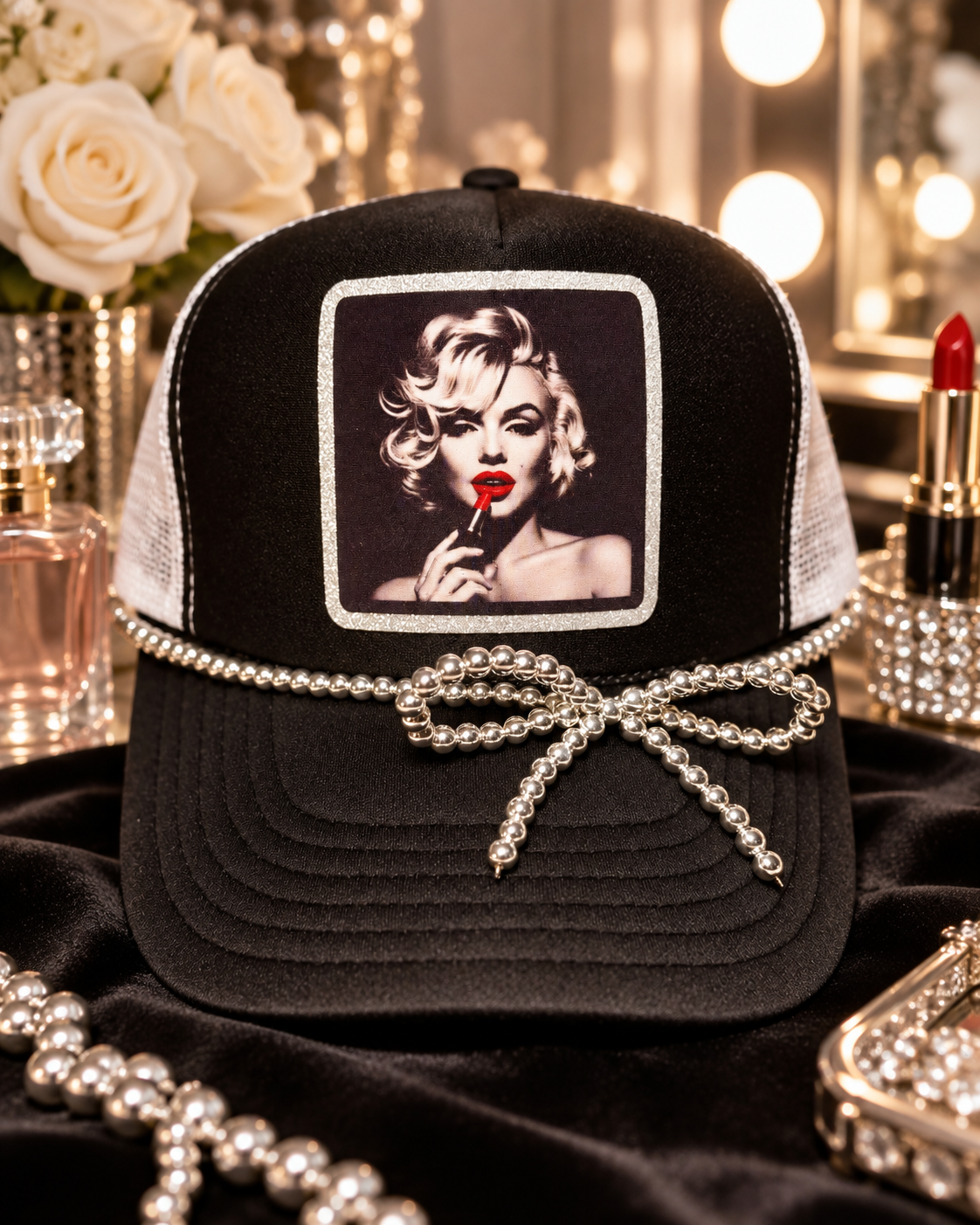 Vintage Glam Trucker Hat | Blonde Bombshell Lipstick Hat | Black & White Glam Hat | Silver Beaded Bow Trucker