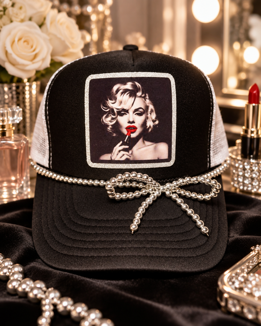 Vintage Glam Trucker Hat | Blonde Bombshell Lipstick Hat | Black & White Glam Hat | Silver Beaded Bow Trucker