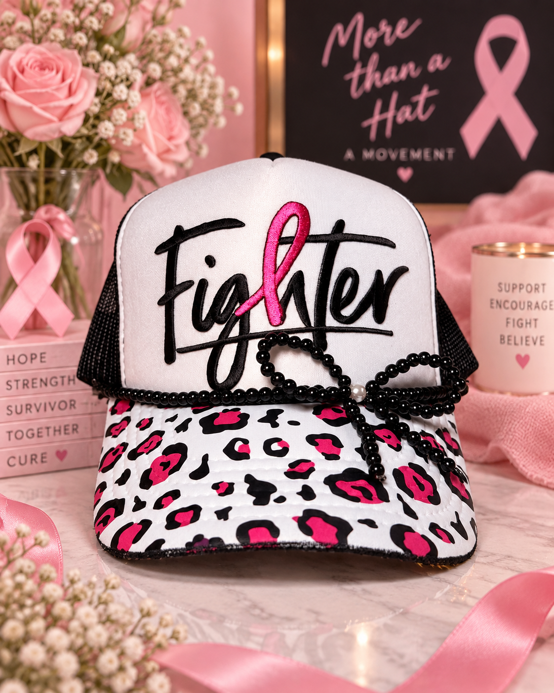 Breast Cancer Awareness Fighter Trucker Hat | Pink Ribbon Leopard Hat | Black & Pink Trucker Hat