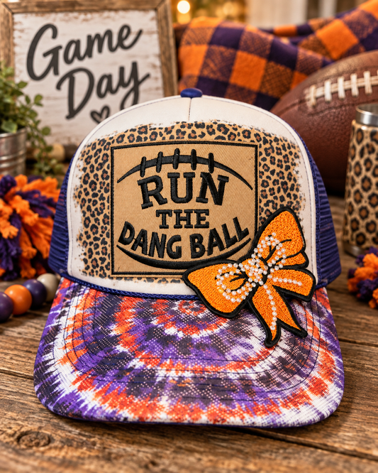 Purple Orange Football Trucker Hat | Run the Dang Ball Hat | Game Day Hat | Tiger Football Trucker | Football Bow Hat