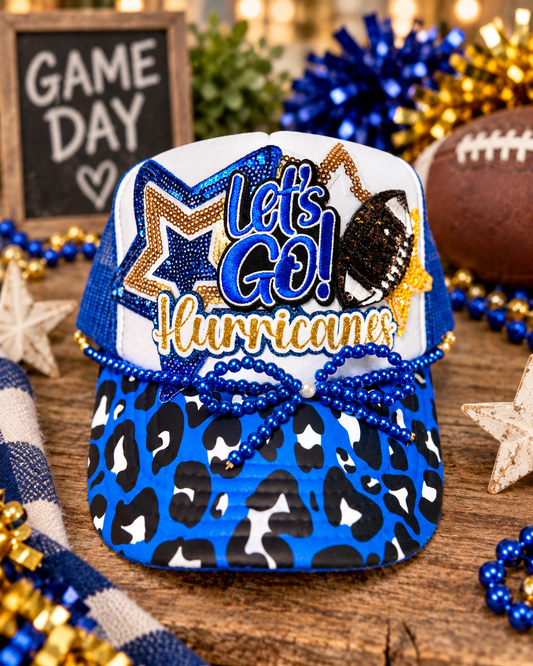 Hurricanes Game Day Trucker Hat | Blue & Gold Football Fan Hat | Handmade Team Spirit Hat | Custom Football Cap