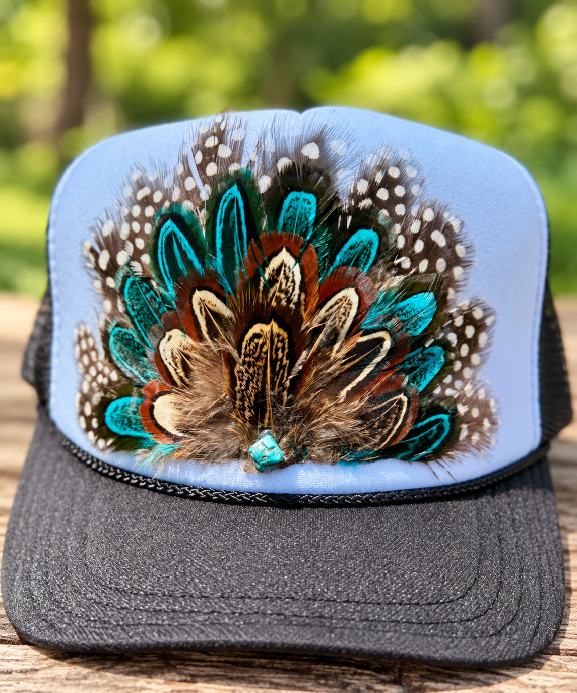 Turquoise Feather Trucker Hat | Western Feather Hat | Boho Cowgirl Hat | Statement Trucker Cap