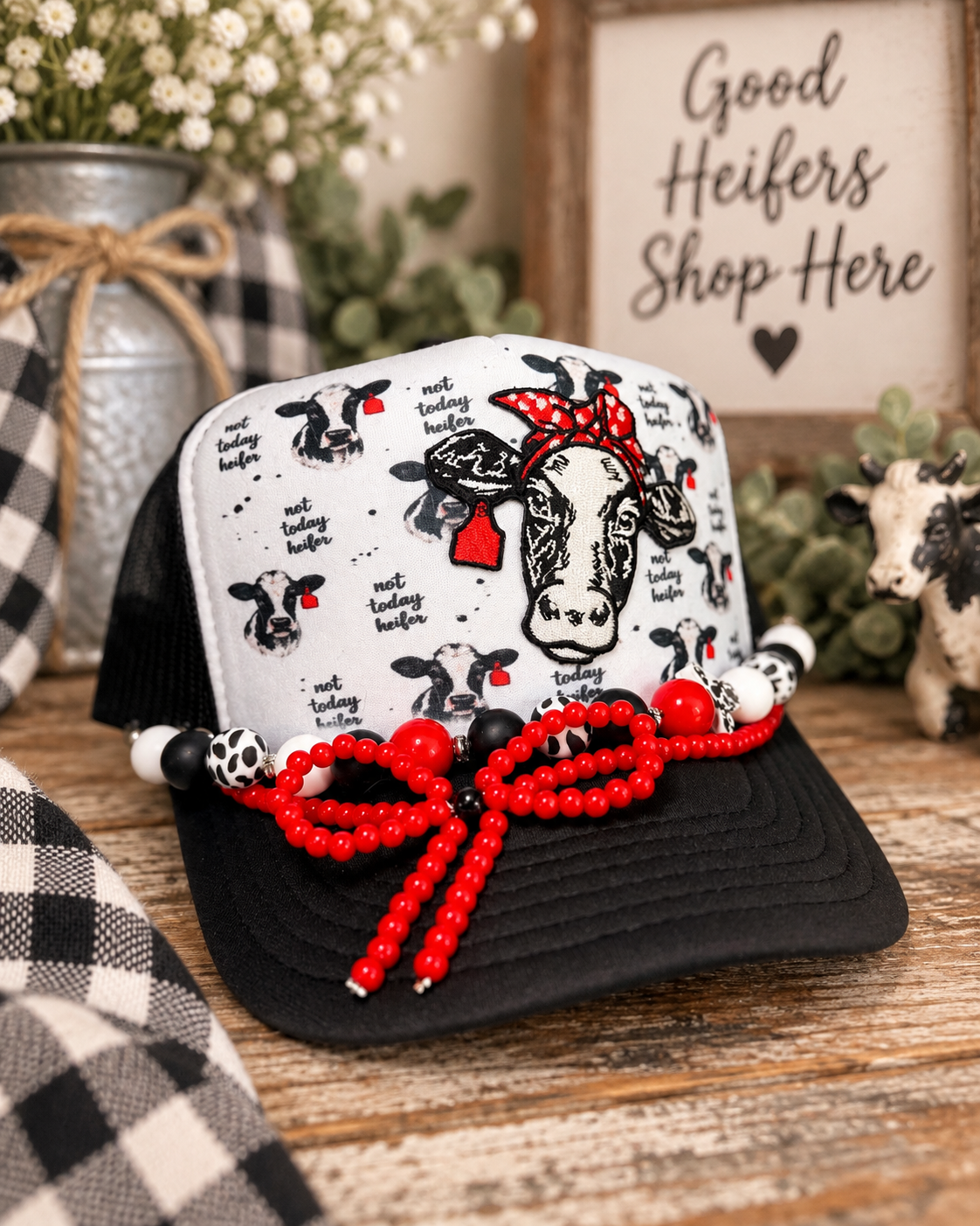 Not Today Heifer Trucker Hat | Funny Cow Hat | Farm Girl Hat | Western Cowgirl Cap | Handmade Beaded Bow Hat