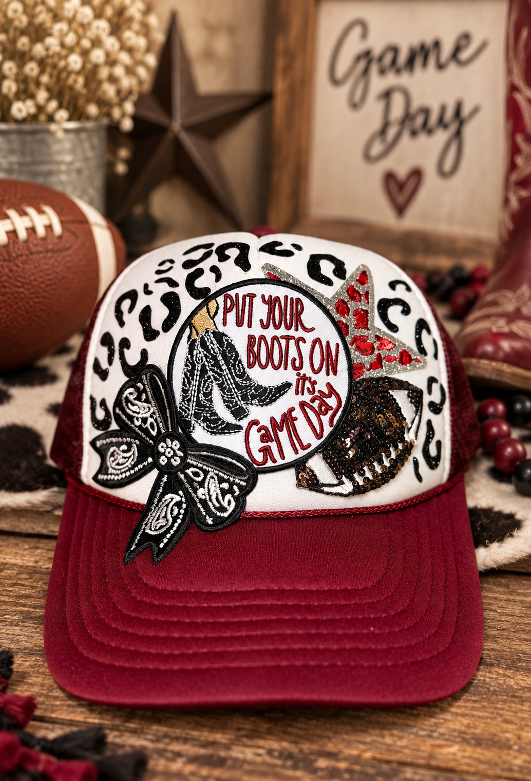 Western Football Game Day Trucker Hat | Cowboy Boots Game Day Hat | Burgundy Football Hat | Handmade Tailgate Cap
