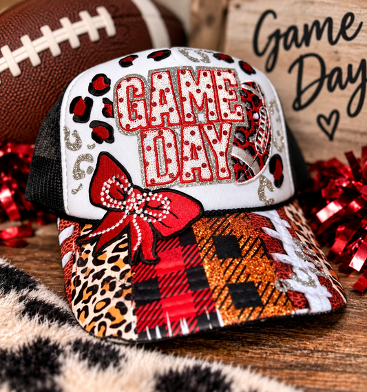 Football Game Day Distressed Trucker Hat | Red & Black Bling Football Hat | Handmade Tailgate Hat | Game Day Fan Cap