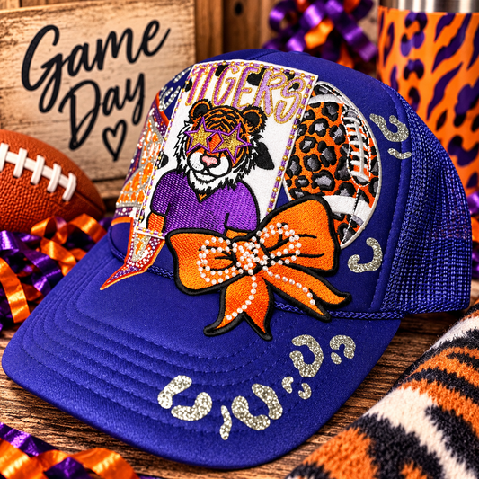 Tiger Game Day Trucker Hat | Purple & Orange Football Hat | Bling Tiger Fan Hat | Handmade Game Day Cap