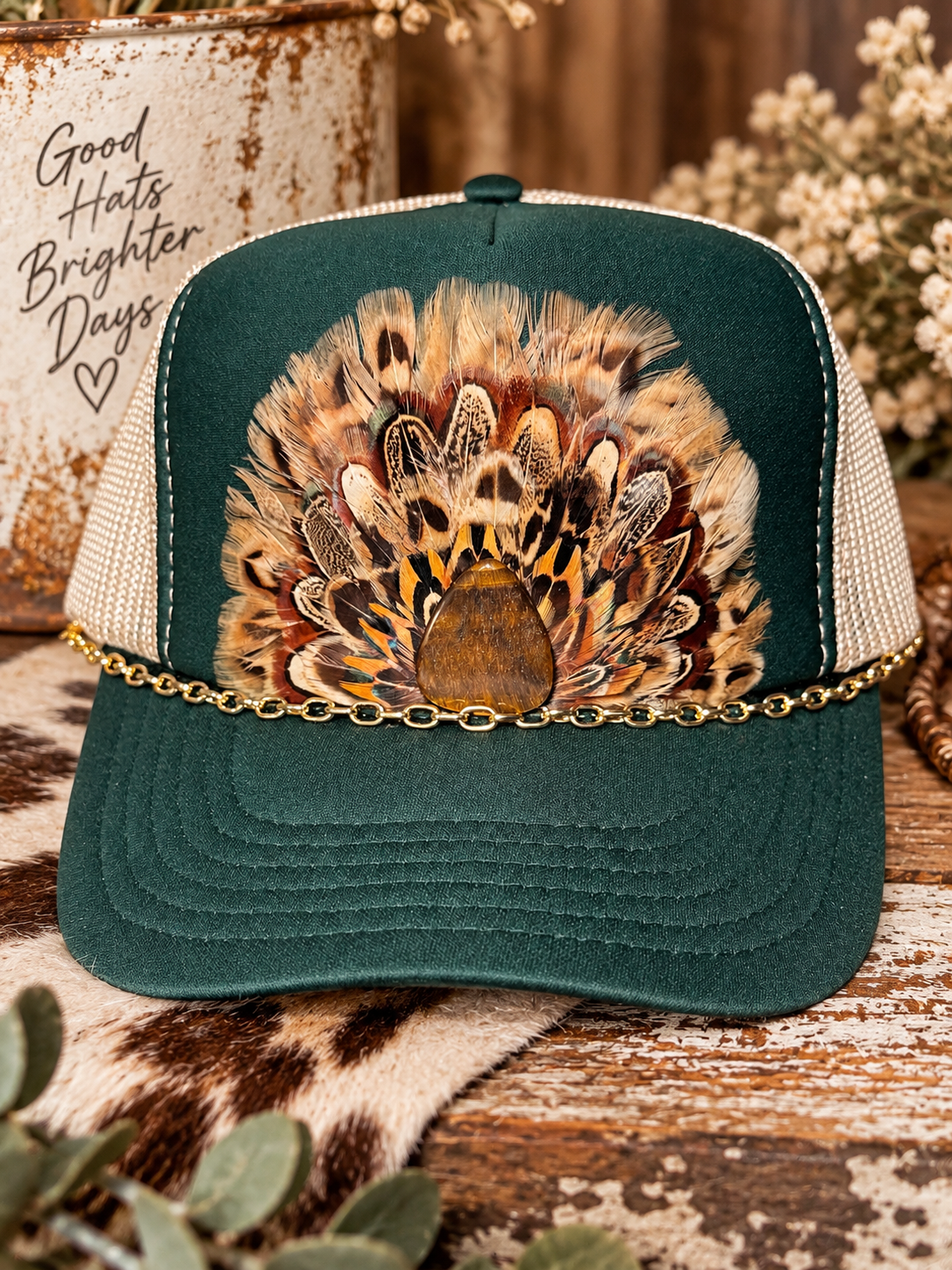 Feather & Guitar Pick Trucker Hat | Green Boutique Country Hat