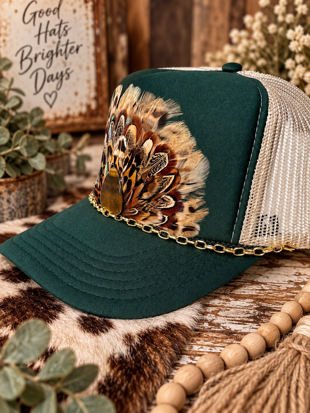 Feather & Guitar Pick Trucker Hat | Green Boutique Country Hat