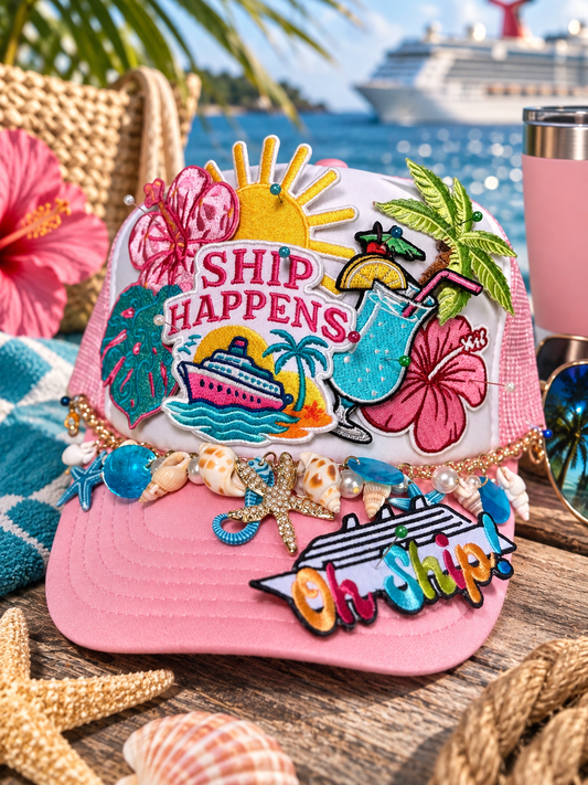 Oh Ship Cruise Trucker Hat | Cruise Vacation Hat | Tropical Beach Hat with Seashell Beaded Trim