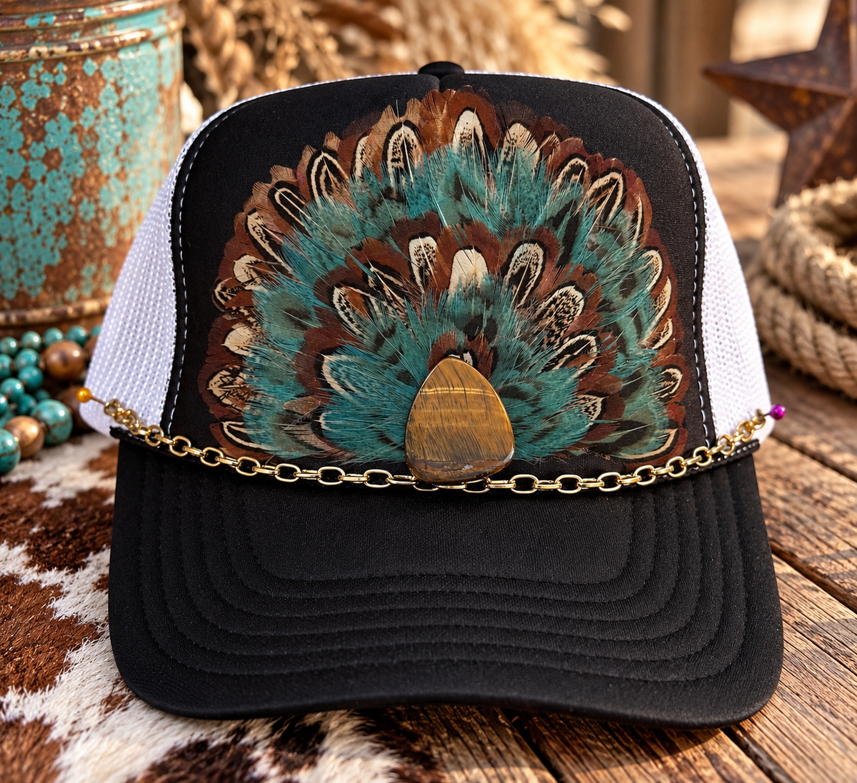 Turquoise Feather Statement Trucker Hat | Western Boutique Hat