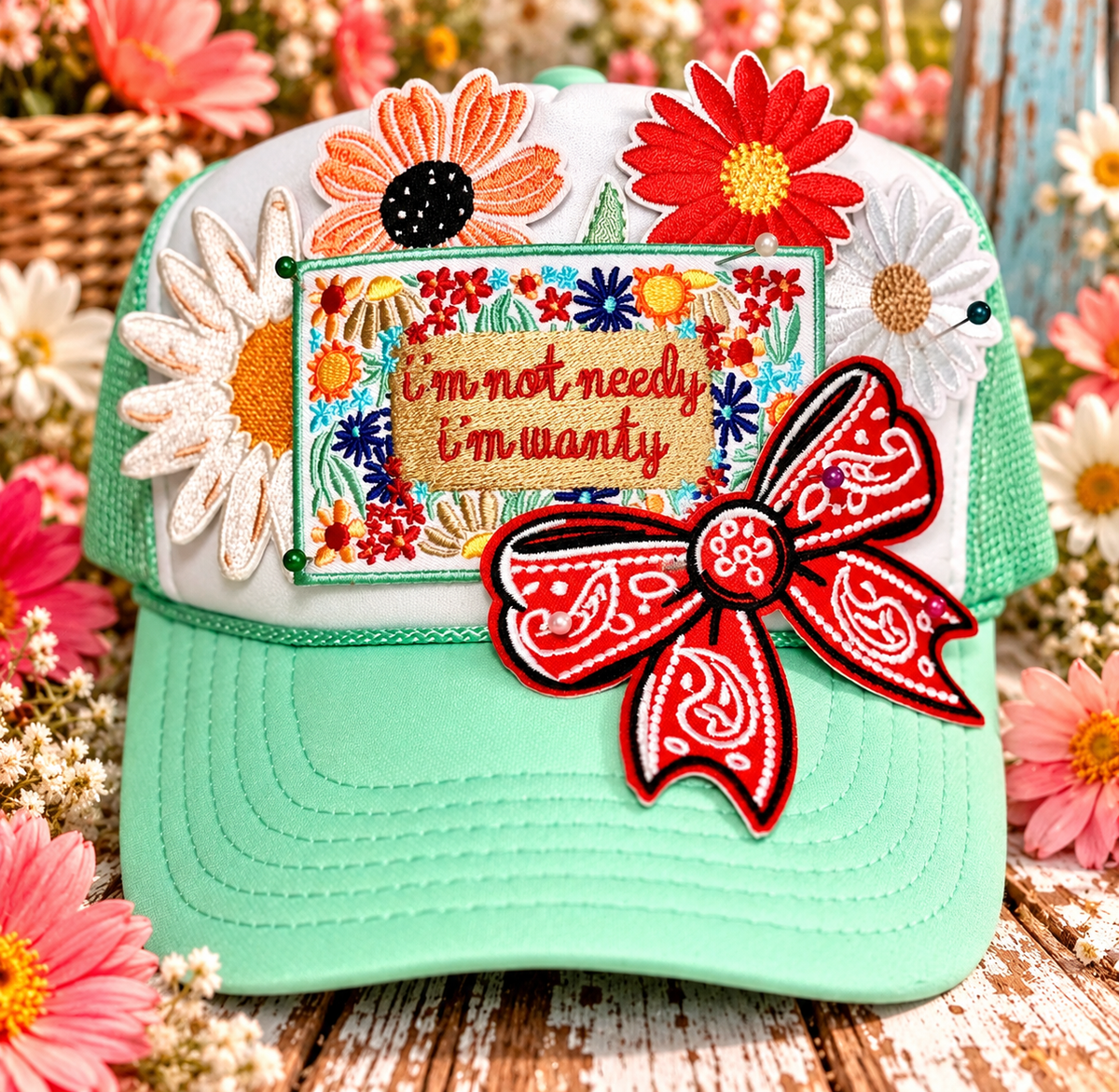 I’m Not Needy I’m Wanty Trucker Hat | Floral Cowgirl Hat with Red Bandana Bow | Funny Boutique Hat