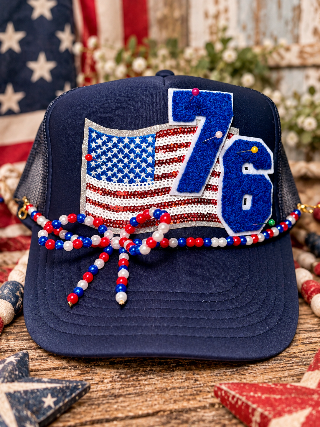 Patriotic 76 Trucker Hat | Americana USA Flag Hat | Red White & Blue Beaded Bow Hat