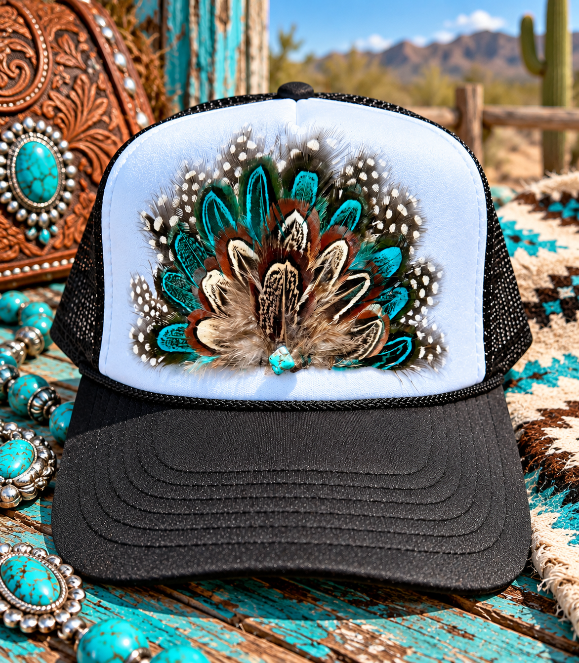 Turquoise Feather Trucker Hat | Western Feather Hat | Boho Cowgirl Hat | Statement Trucker Cap