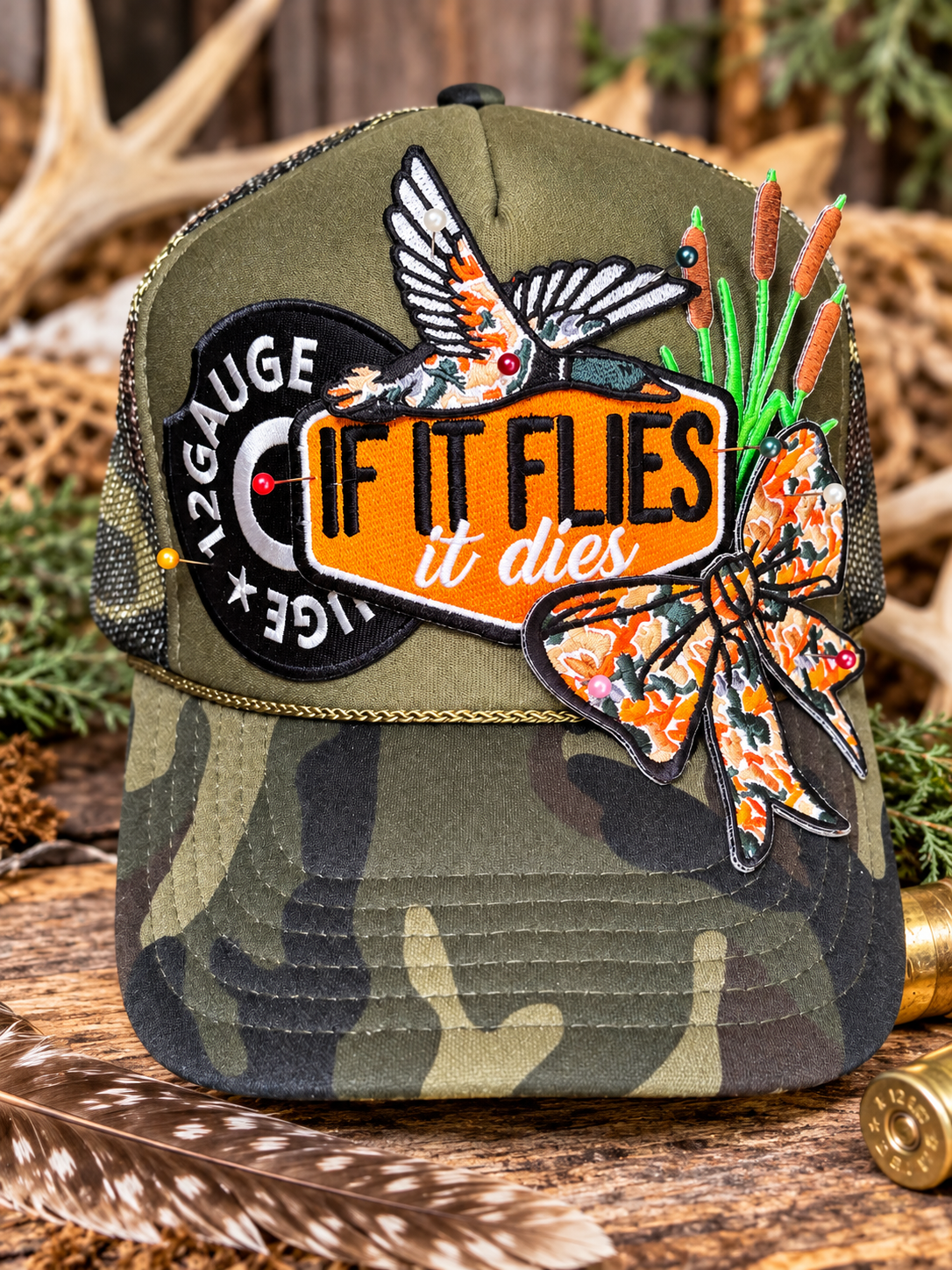 Duck Hunting Camo Trucker Hat – 12 Gauge “If It Flies It Dies” Patch Hat – Camo Hunting Hat