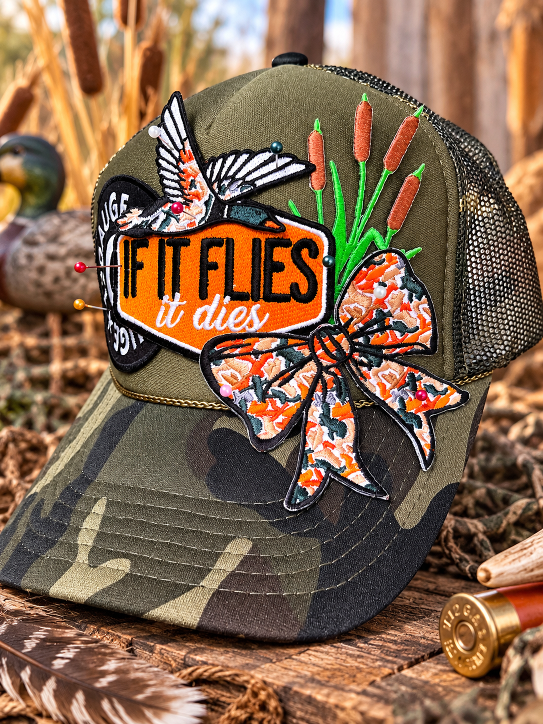 Duck Hunting Camo Trucker Hat – 12 Gauge “If It Flies It Dies” Patch Hat – Camo Hunting Hat