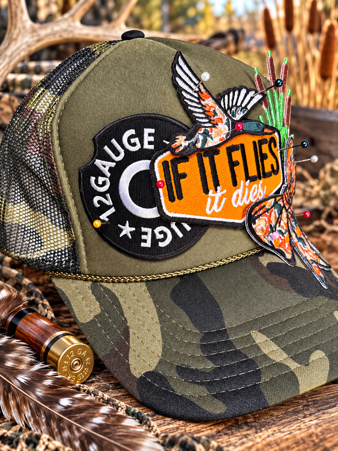 Duck Hunting Camo Trucker Hat – 12 Gauge “If It Flies It Dies” Patch Hat – Camo Hunting Hat