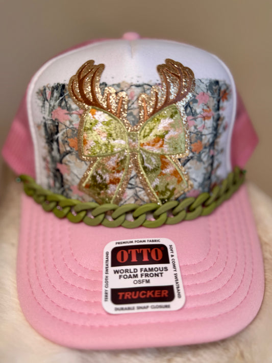 Pink Camo Antler & Bow Trucker Hat