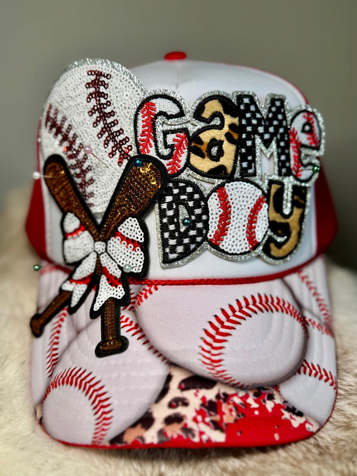 Baseball Game Day Trucker Hat – Sequin Bow Baseball Hat, Cute Baseball Outfit Hat, Ballpark Outfit Accessory for Women