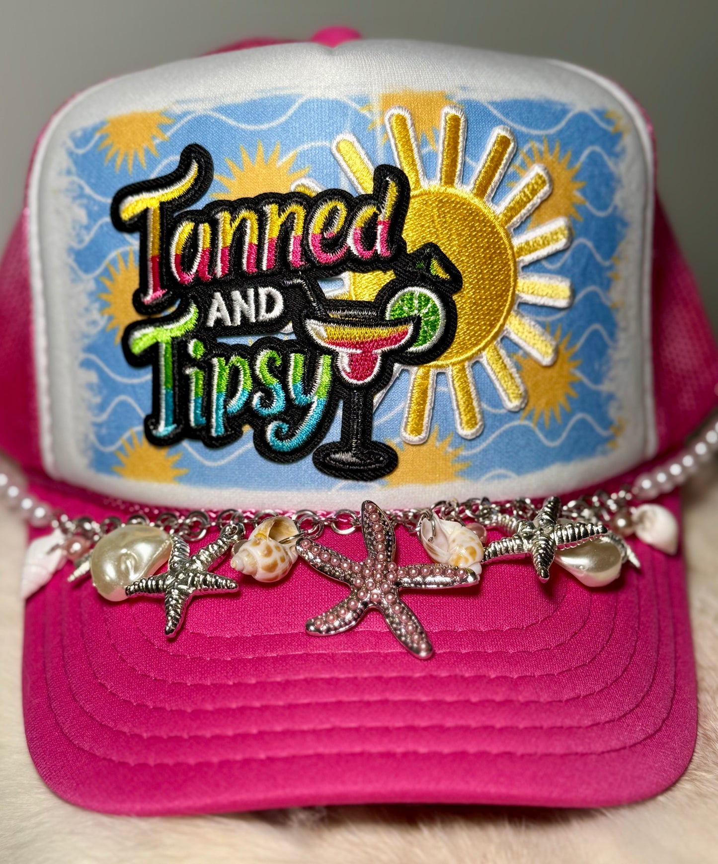 Tanned & Tipsy Trucker Hat with Shell Chain – Beach Vacation Hat, Girls Trip Hat, Summer Cocktail Hat, Coastal Cowgirl Style