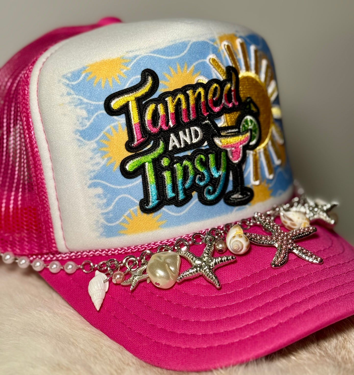 Tanned & Tipsy Trucker Hat with Shell Chain – Beach Vacation Hat, Girls Trip Hat, Summer Cocktail Hat, Coastal Cowgirl Style