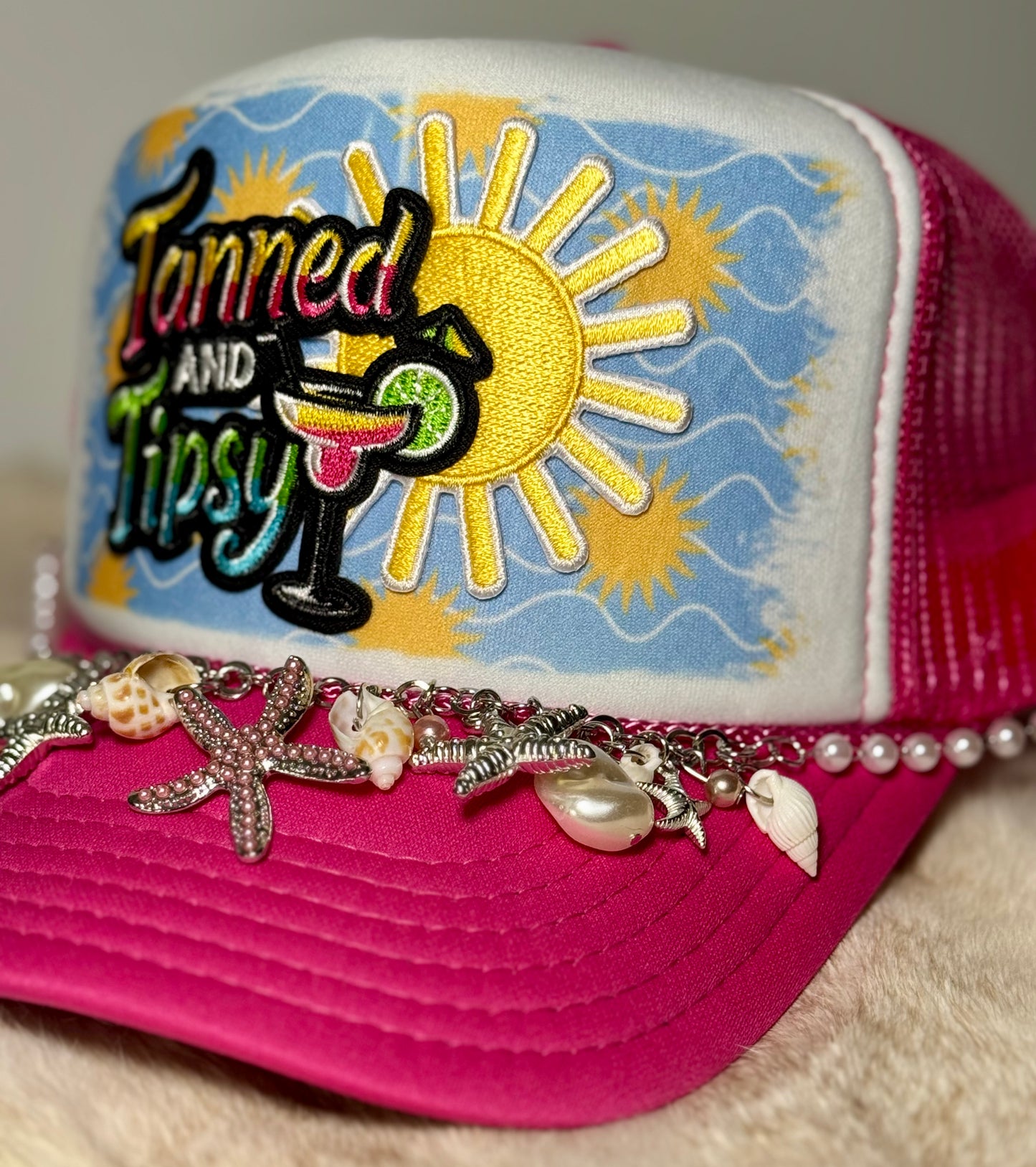 Tanned & Tipsy Trucker Hat with Shell Chain – Beach Vacation Hat, Girls Trip Hat, Summer Cocktail Hat, Coastal Cowgirl Style