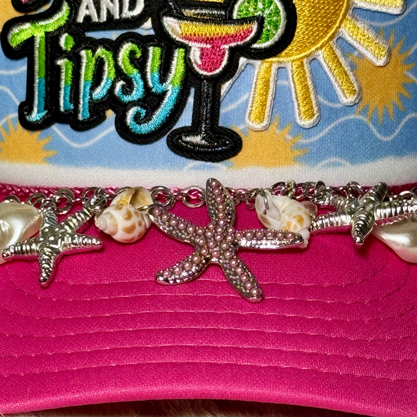 Tanned & Tipsy Trucker Hat with Shell Chain – Beach Vacation Hat, Girls Trip Hat, Summer Cocktail Hat, Coastal Cowgirl Style