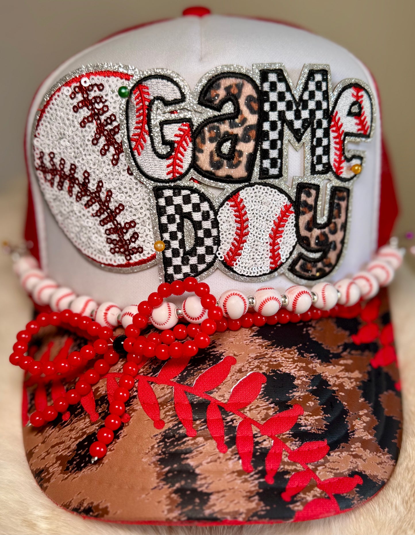 Game Day Baseball Trucker Hat – Sequin Patch, Checkered & Leopard Print, Custom Sports Mom Hat, Baseball Game Outfit