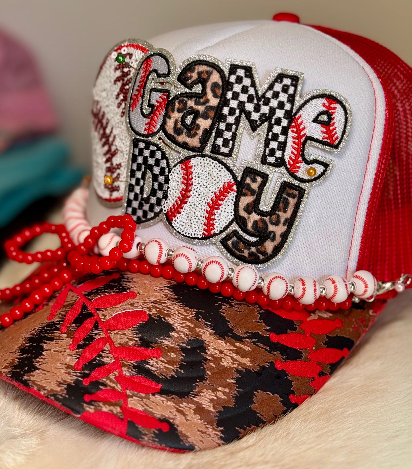 Game Day Baseball Trucker Hat – Sequin Patch, Checkered & Leopard Print, Custom Sports Mom Hat, Baseball Game Outfit