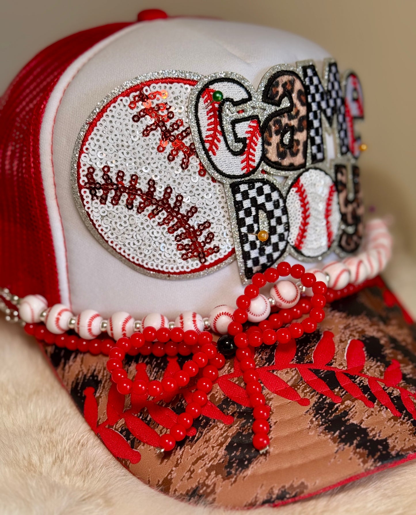 Game Day Baseball Trucker Hat – Sequin Patch, Checkered & Leopard Print, Custom Sports Mom Hat, Baseball Game Outfit