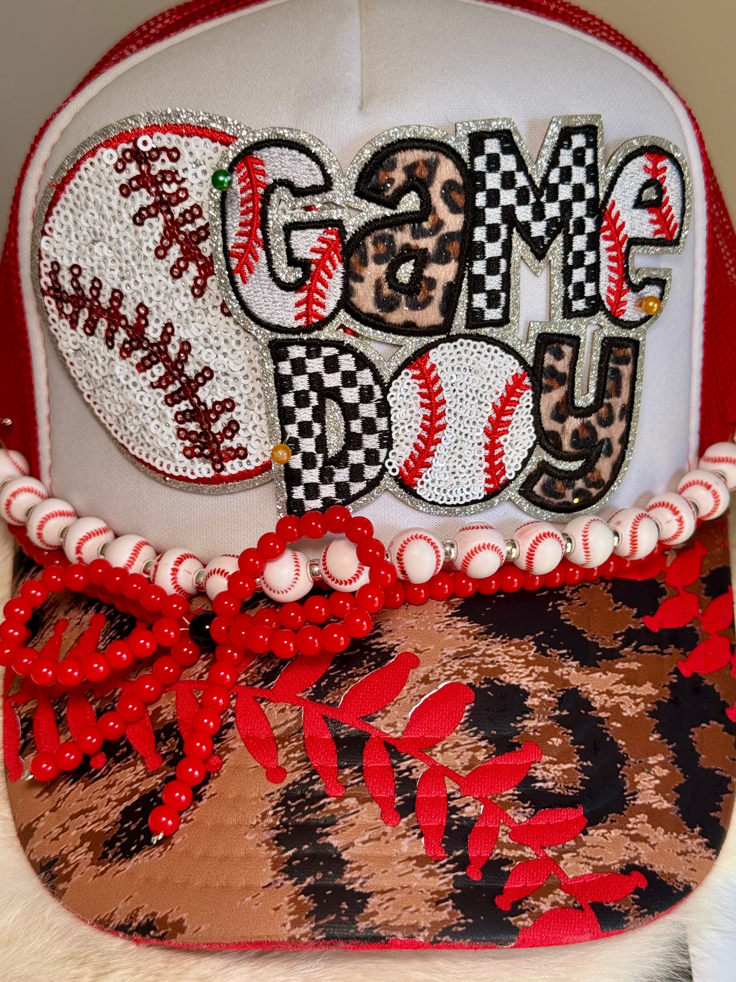 Game Day Baseball Trucker Hat – Sequin Patch, Checkered & Leopard Print, Custom Sports Mom Hat, Baseball Game Outfit